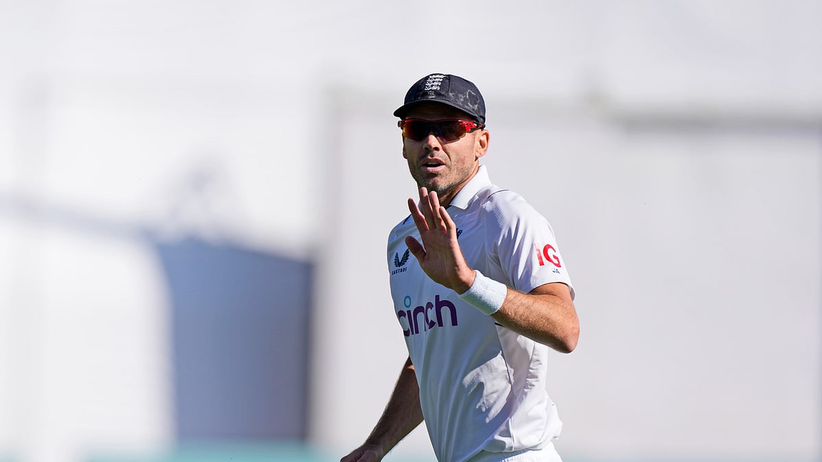 FILE - England's James Anderson gestures to the crowd after taking his 700th wicket on the third day of the fifth and final test match between England and India in Dharamshala, India, Saturday, March 9, 2024. James Anderson has “made peace” with his impending England retirement — even if the evergreen seamer believes he is bowling as well as he ever has done. 
 - (AP Photo /Ashwini Bhatia, File)

